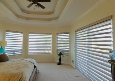 Powerview Hunter Douglas Pirouette Shades in the Master Bedroom